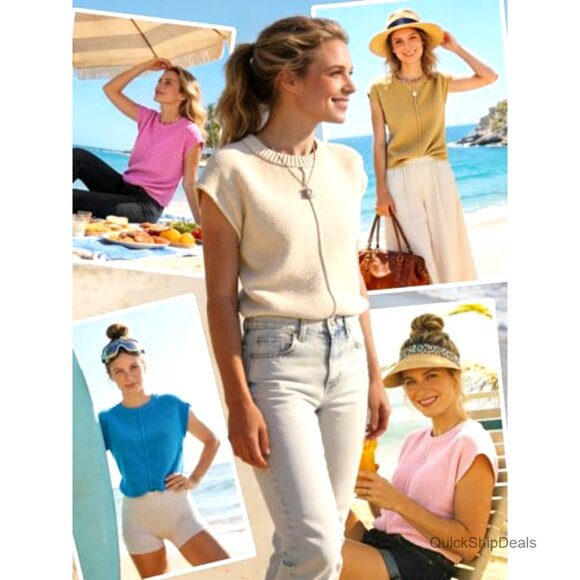 Crochet Sweater Vest Cap Sleeve Crew Neck Boho Western Casual Tops - Picture 3 of 7